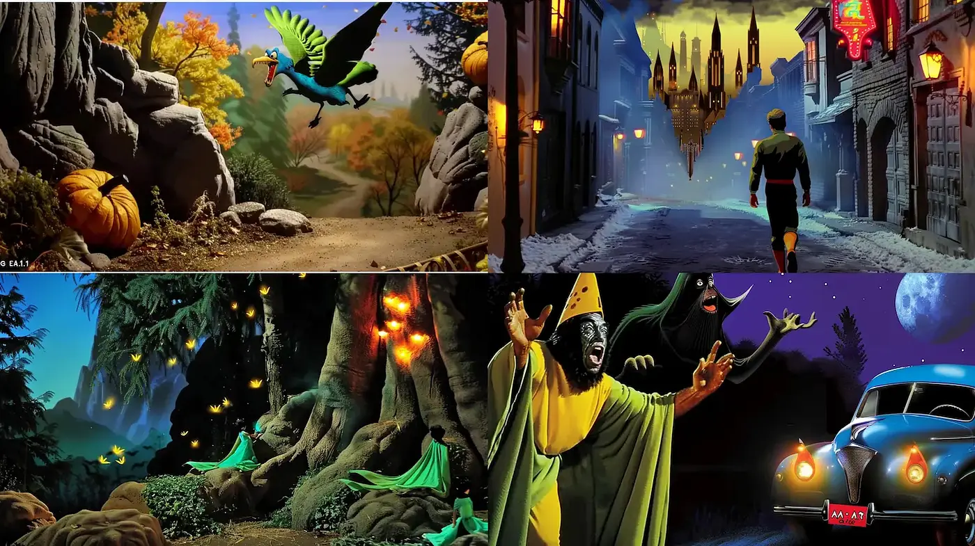 Vibrant fantasy illustrations with whimsical elements and rhythmic compositions - Midjourney sref style
