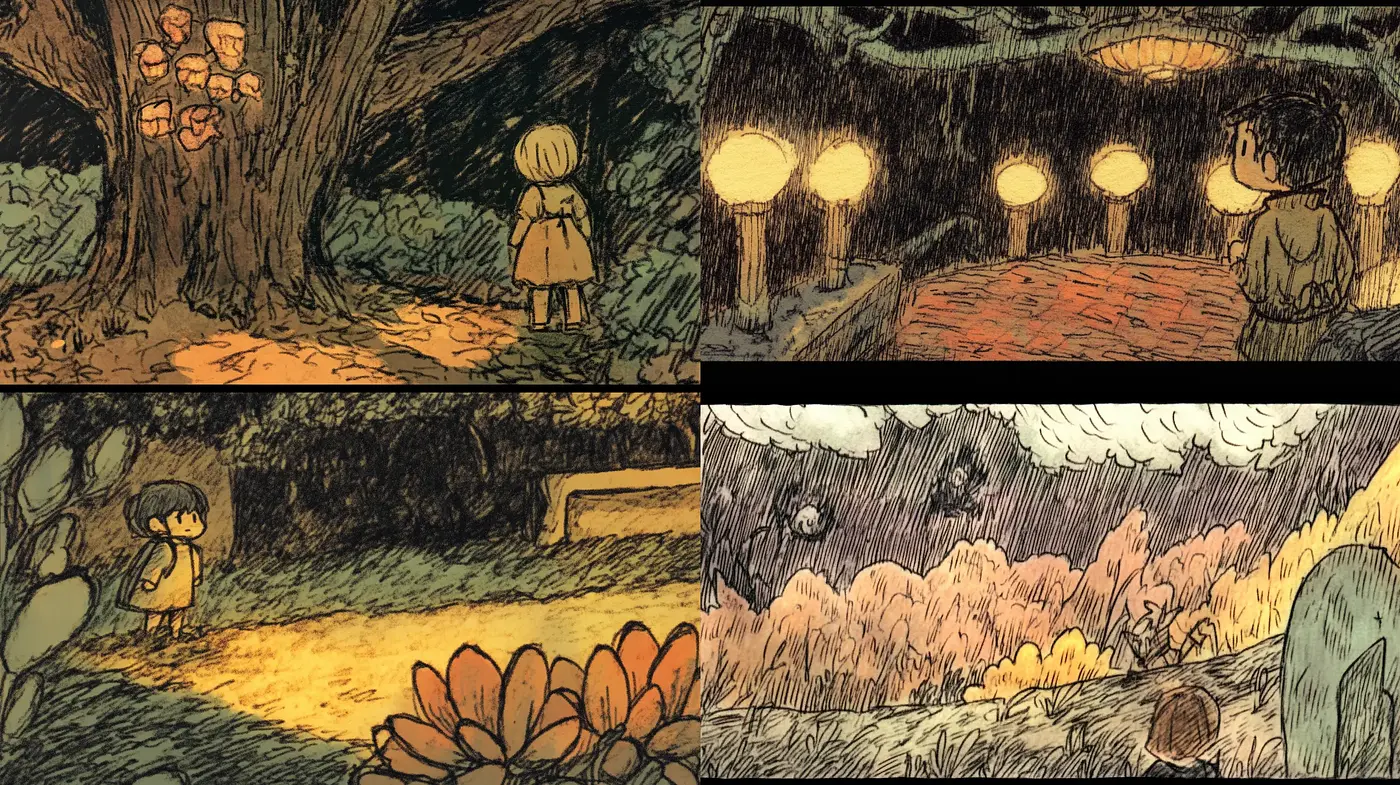 Melancholic Autumn: A Consistent Journey Through Stylized Rustic Illustrations - Midjourney sref style