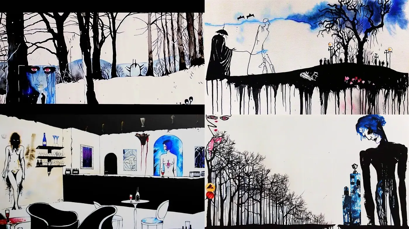 Stark Contrasts and Fluid Forms of Monochromatic Whimsy - Midjourney sref style