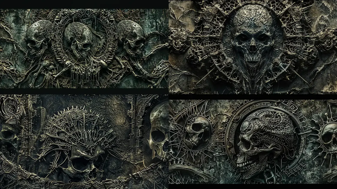 Intricate and Darkly Themed Textural Artwork with a Macabre Aesthetic - Midjourney sref style