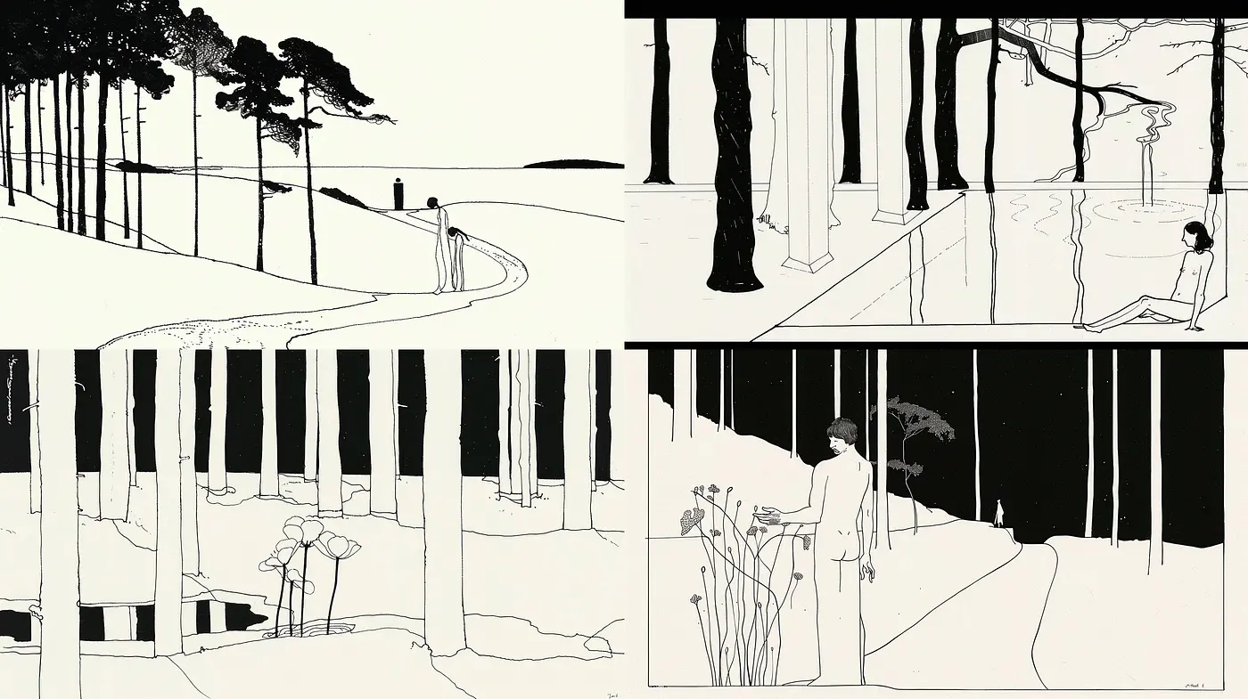 Monochromatic Elegance: The Essence of Contour and Contrast in Stylized Minimalism - Midjourney sref style