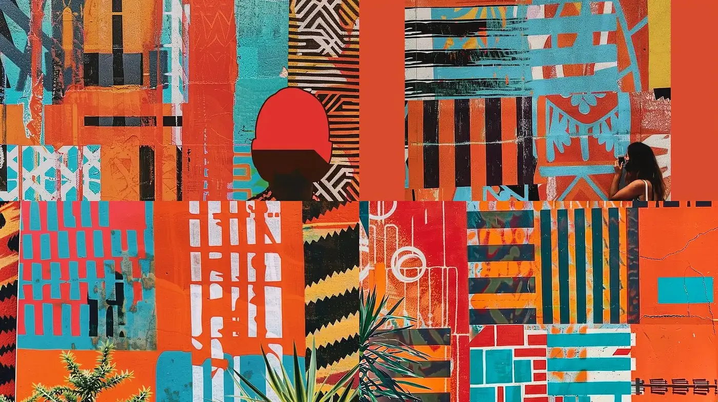 Vibrant Collage of Geometric Patterns and Textures with Street Art Influence - Midjourney sref style