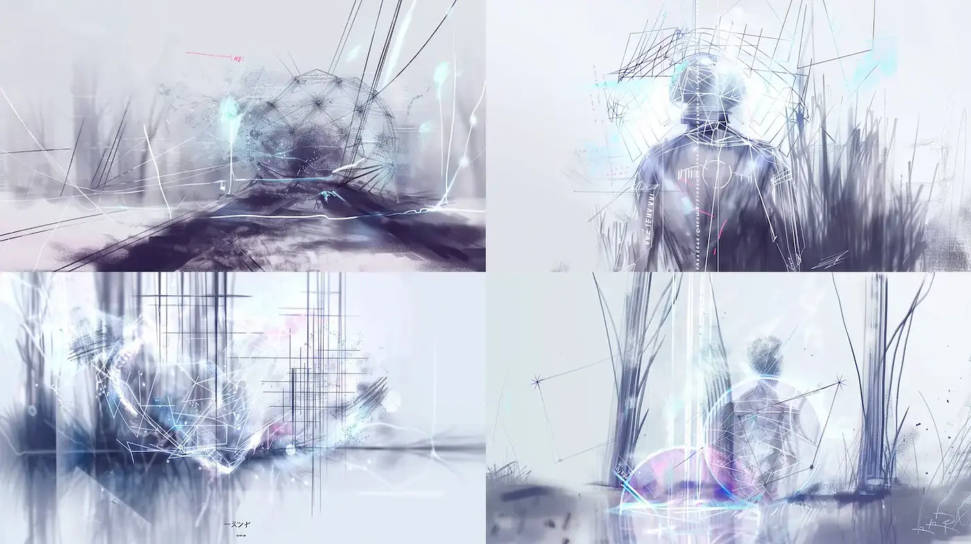 Ethereal Abstract Digital Aesthetics with Dynamic Line Work - Midjourney sref style