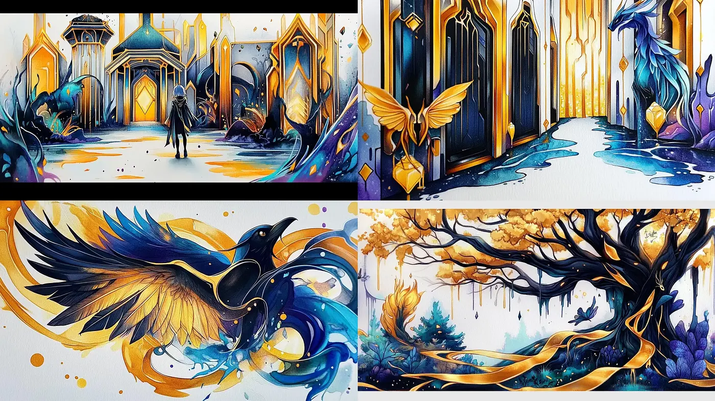 Enigmatic Golden-Blue Fantasia: A Whimsical Journey of Contrasts and Luminosity - Midjourney sref style