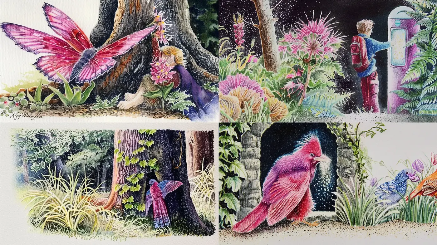 Enchanted Textural Garden: A Whimsical Blend of Fantasy and Detail - Midjourney sref style