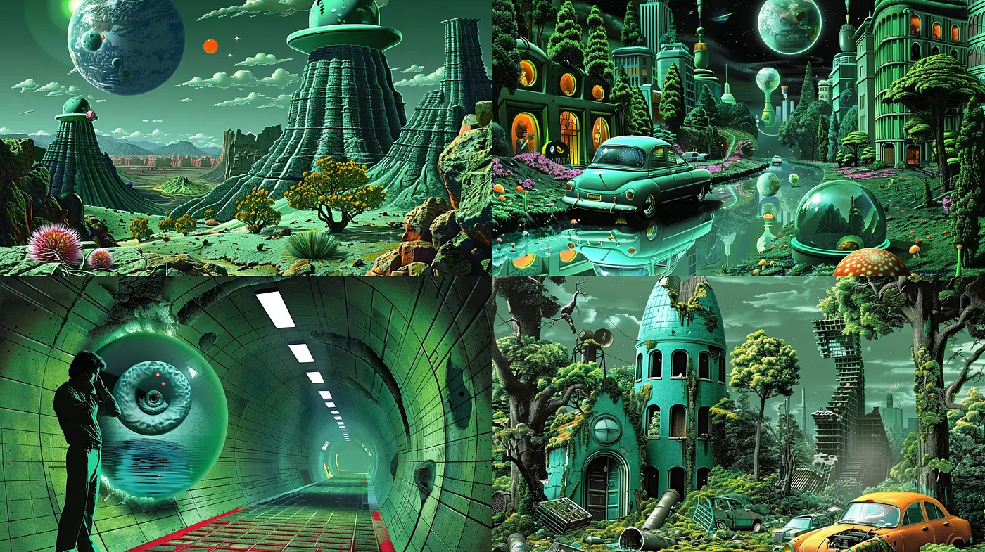 Futuristic Retro Visions in Lush Chromatic Harmony - Midjourney sref style