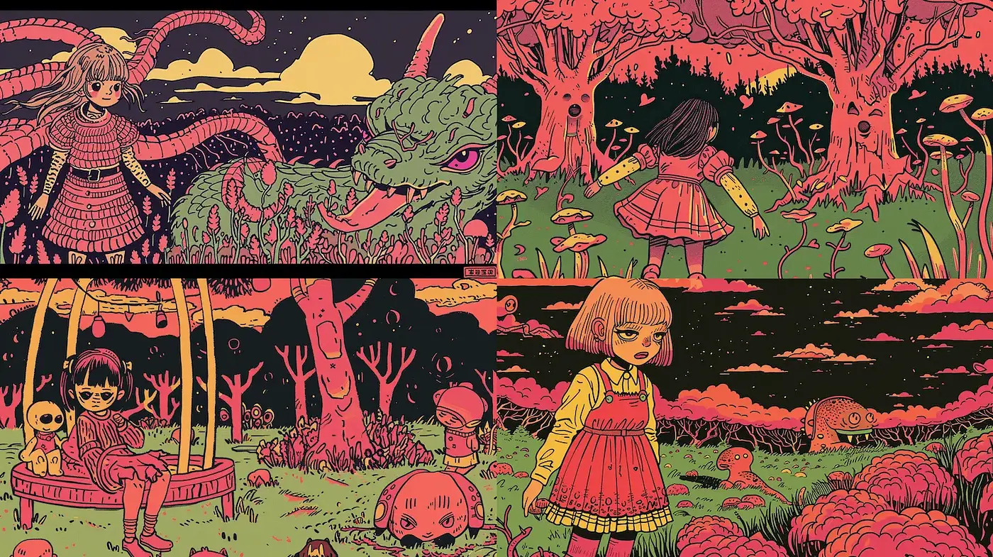 Vibrant and Whimsical Playfulness with Dark Undertones - Midjourney sref style