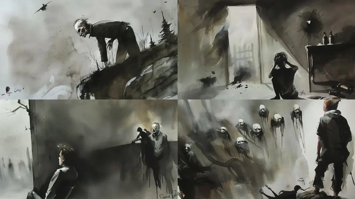 Dark, atmospheric watercolor with haunting expressions and ghostly motifs - Midjourney sref style