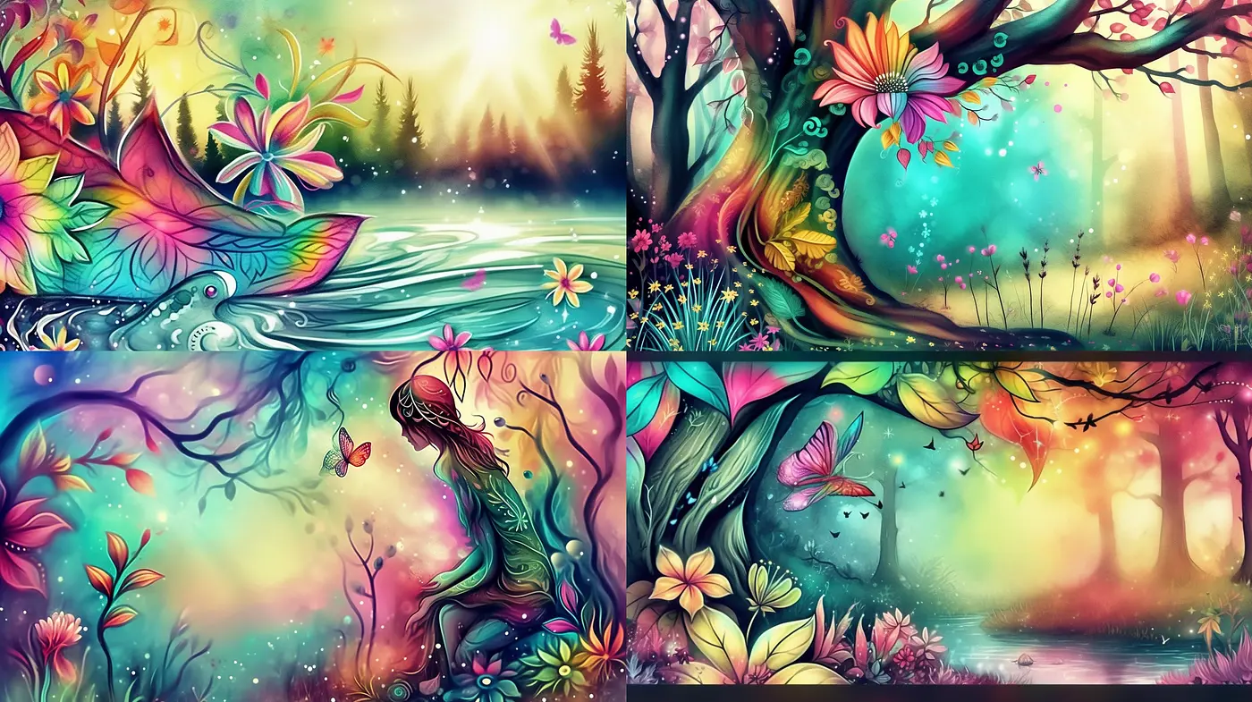 Enchanted Chromatic Visions: A Synthesis of Vivid Hues and Whimsical Fantasy - Midjourney sref style