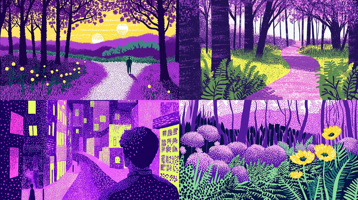 Dusk and Dawn Palette with Stippled Textures and Vibrant Contrasts - Midjourney sref style