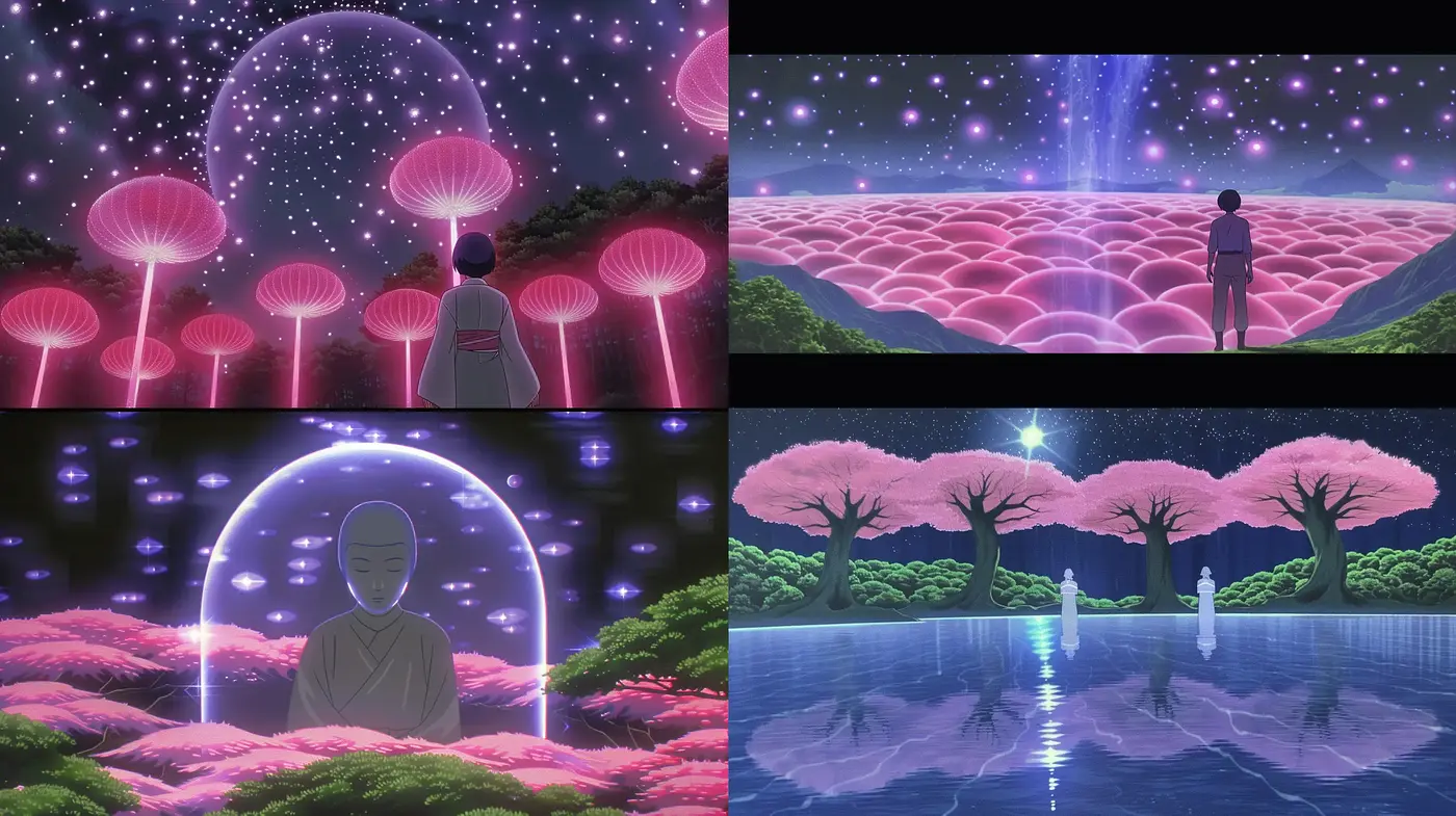 Ethereal Anime-Inspired Dreamscape with Luminous Neon Botanicals - Midjourney sref style