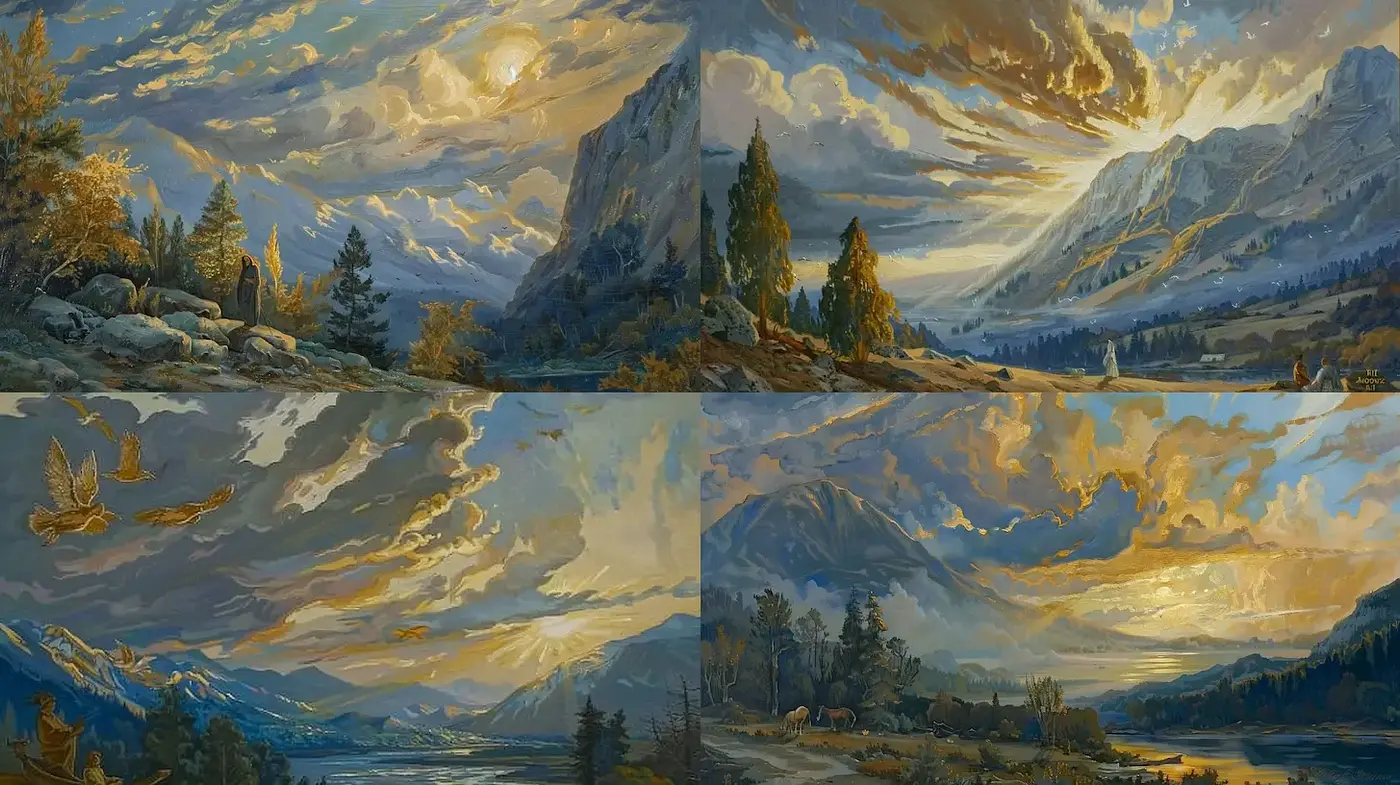 Dramatic Romantic Landscape with Majestic Cloudscapes and Rich Textures - Midjourney sref style