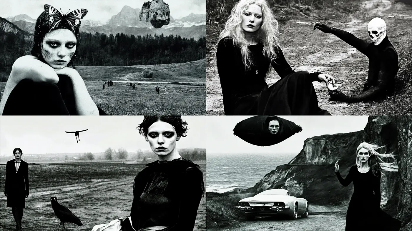 Moody Monochrome Visions with Surrealist Undertones - Midjourney sref style