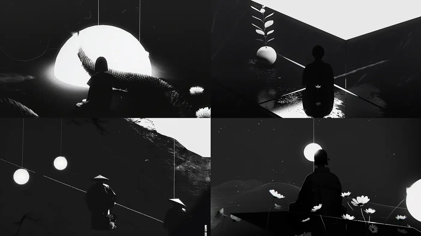 Monochromatic Silhouettes and High-Contrast Lightscapes - Midjourney sref style