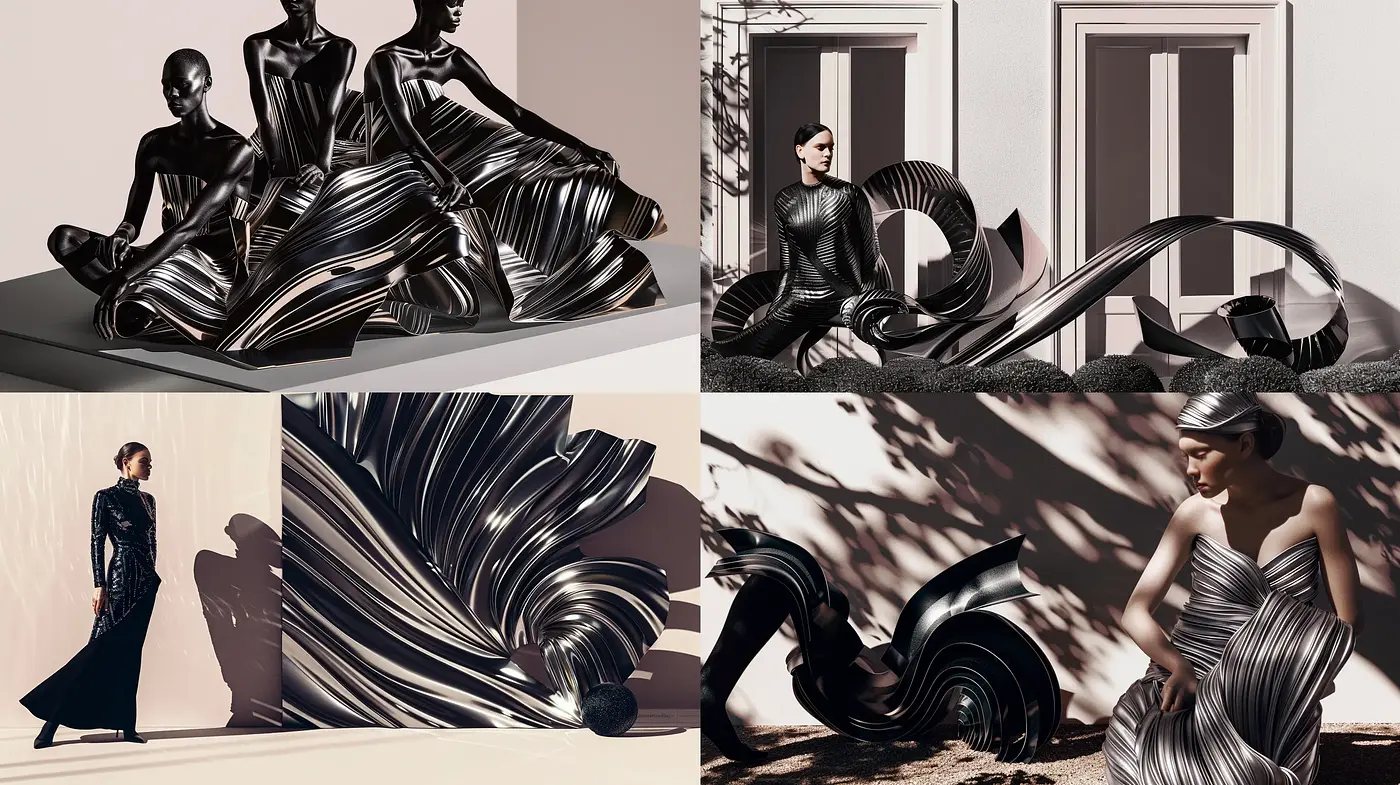 Monochromatic Fluidity: A Dance of Shadows and Metallic Textures - Midjourney sref style
