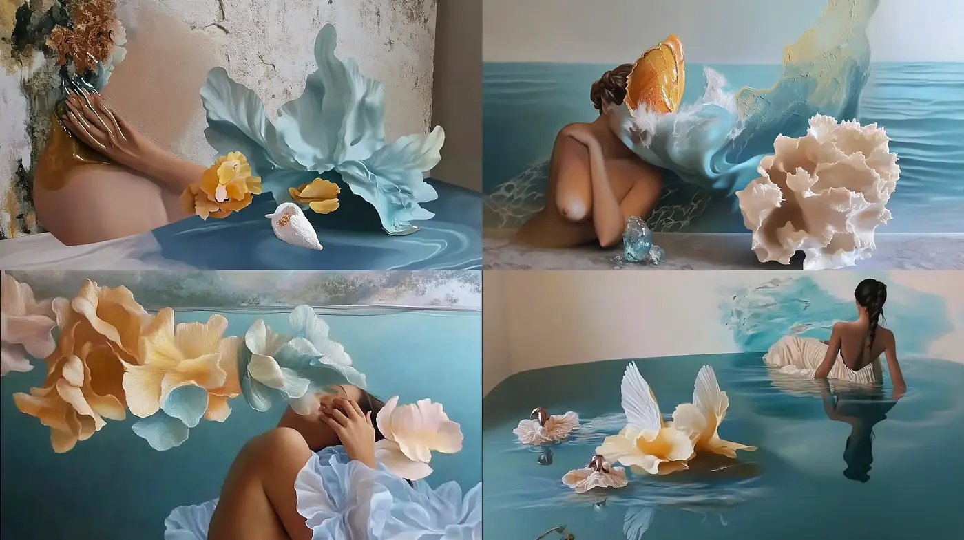 Serene Aquatic Flourishes In Ethereal Human Portraiture - Midjourney sref style
