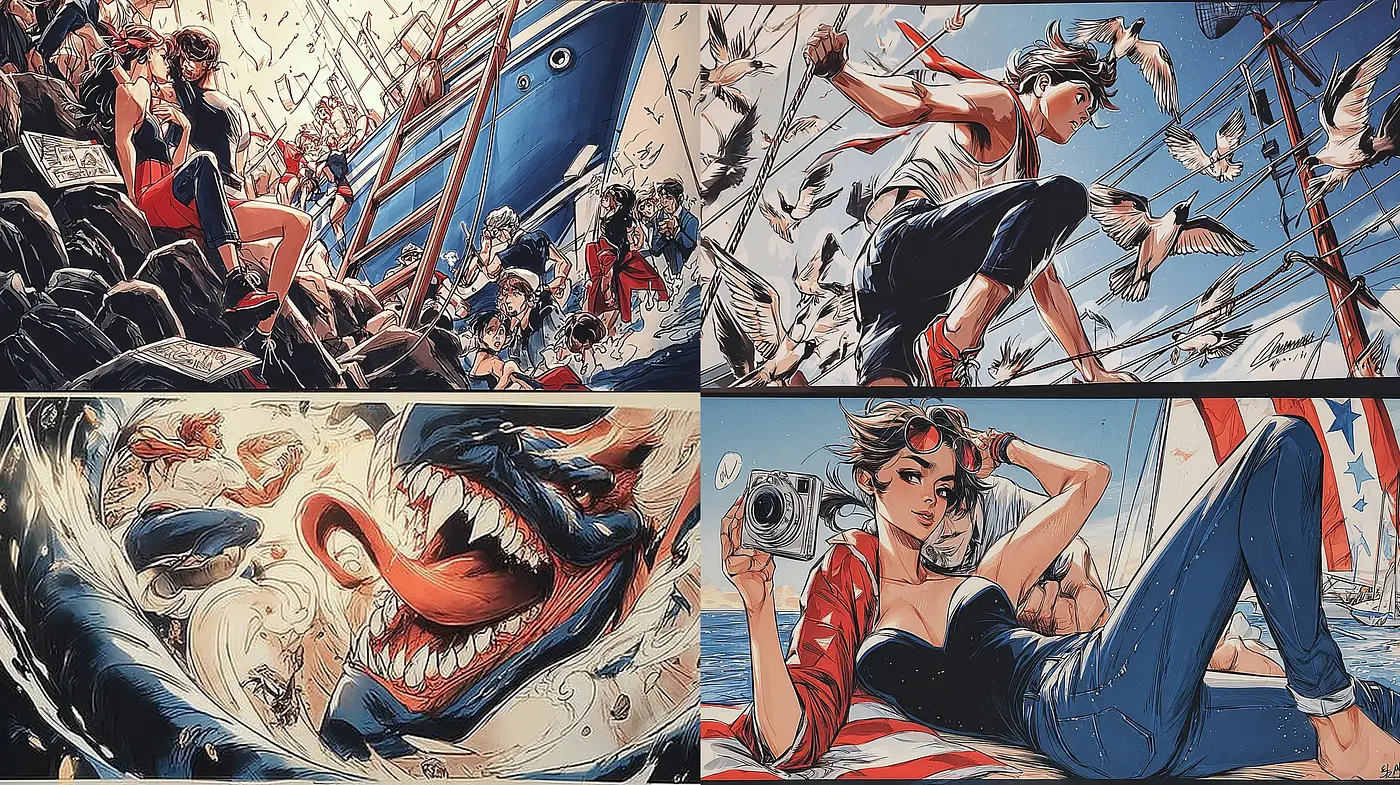 Vibrant and dynamic comic-inspired artwork with nautical themes - Midjourney sref style