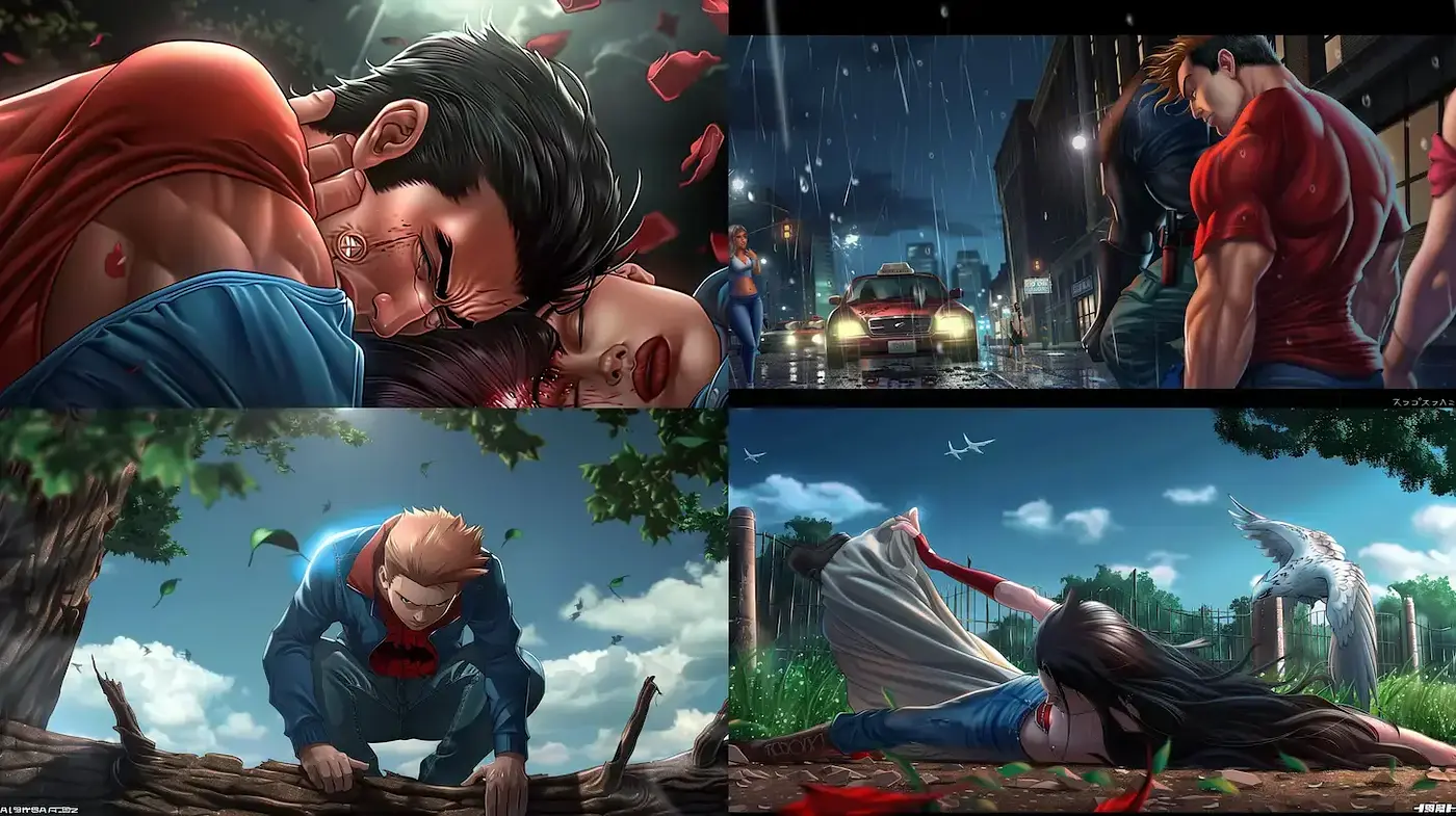 Dynamic and emotional narrative with a blend of realism and comic influences - Midjourney sref style
