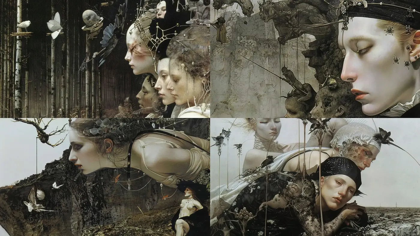 Decay and Eternity: A Macabre Dance of Time in a Surrealist Dreamscape - Midjourney sref style