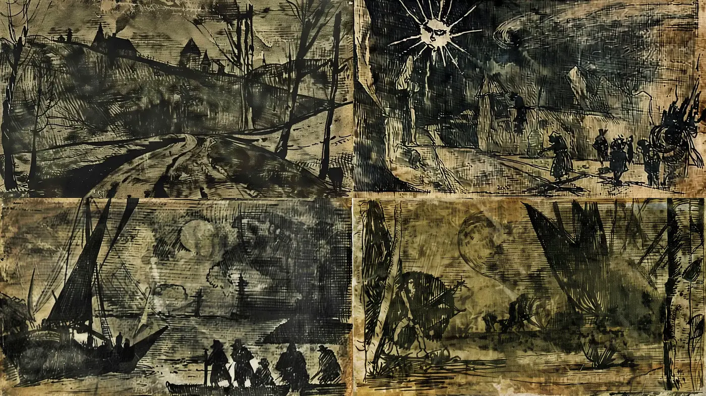 Eerily Stylized Monochromatic Storybook Illustrations - Midjourney sref style