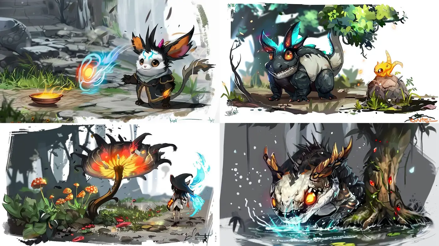 Enchanted Forest Creatures in a Stylized Mythical Illustration - Midjourney sref style