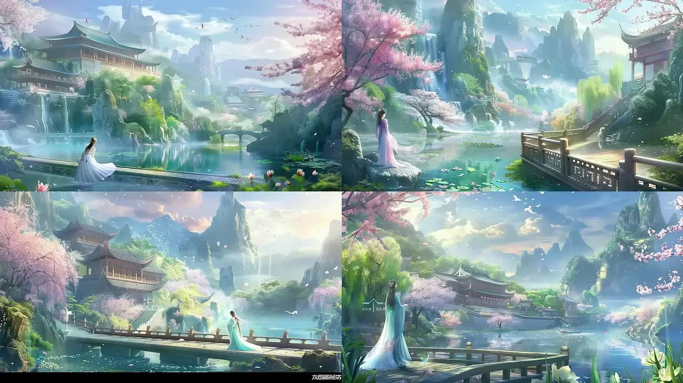 Serene Eastern Landscape with Lush Flora and Tranquil Waters - Midjourney sref style