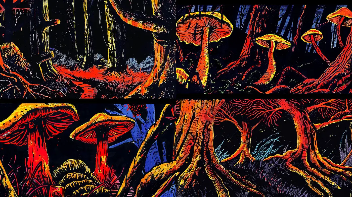 Vibrant yet Dark Fantastical Forest Scenes with Organic Elements - Midjourney sref style
