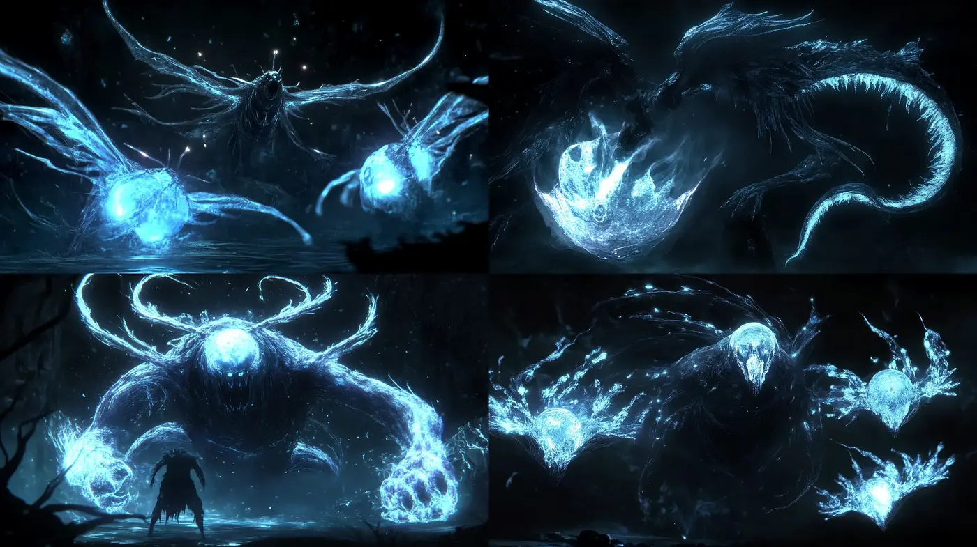 Ethereal Nocturne: A Dance with Luminescent Fauna - Midjourney sref style