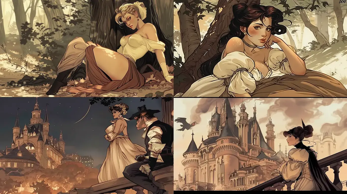 Enchanting and Romantic Illustrations with Elegant Characters and Captivating Atmospheres - Midjourney sref style