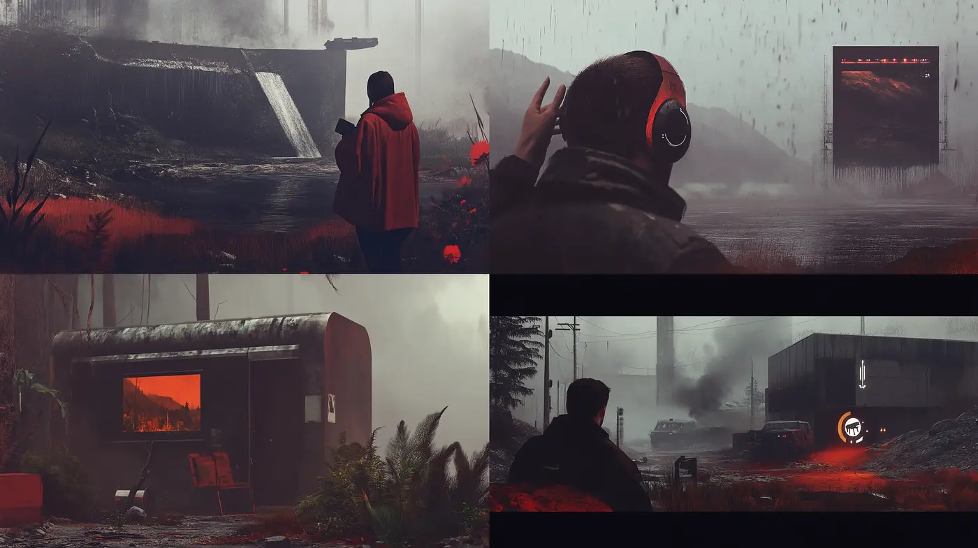 Post-Apocalyptic Red-Infused Cinematic Tableau - Midjourney sref style