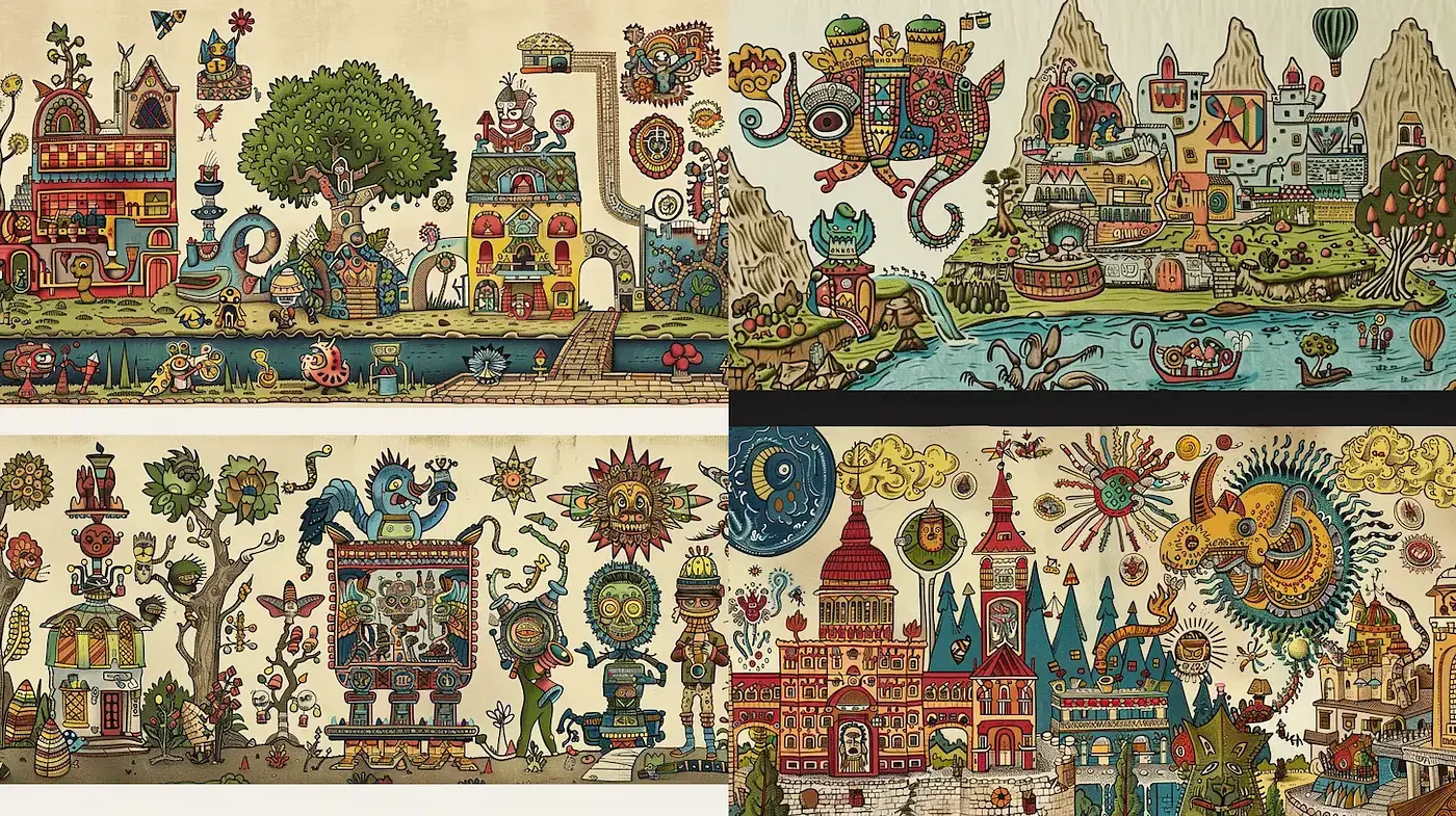 Colorful and Intricate Illustrative Style with Whimsical Elements - Midjourney sref style