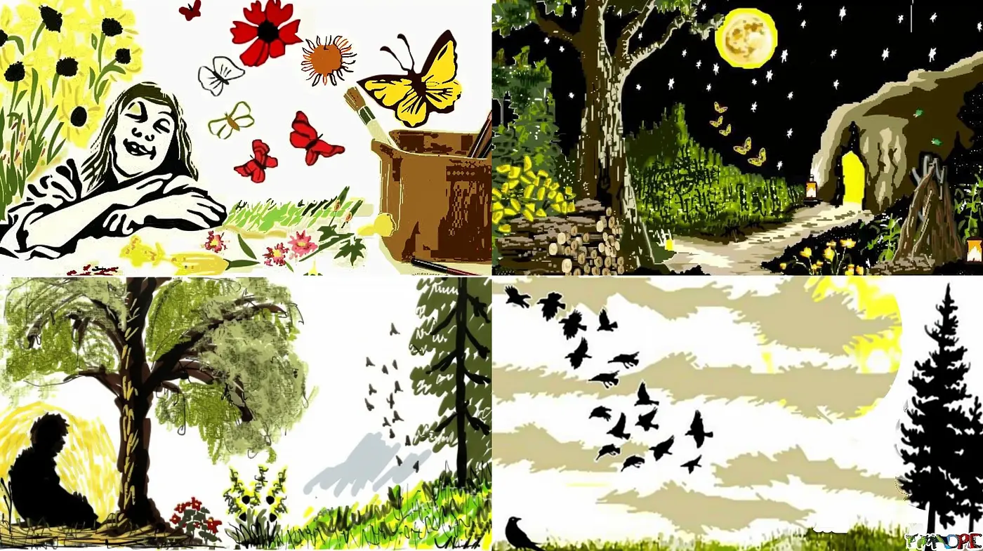 Whimsical Narrative Vignettes in Stylized Brushwork - Midjourney sref style