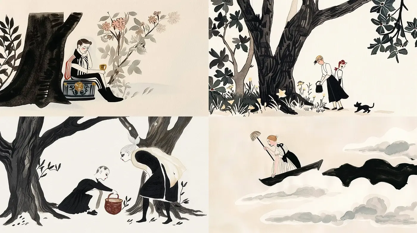 Whimsical Storybook Illustrations with a Retro Haunting Ambience - Midjourney sref style