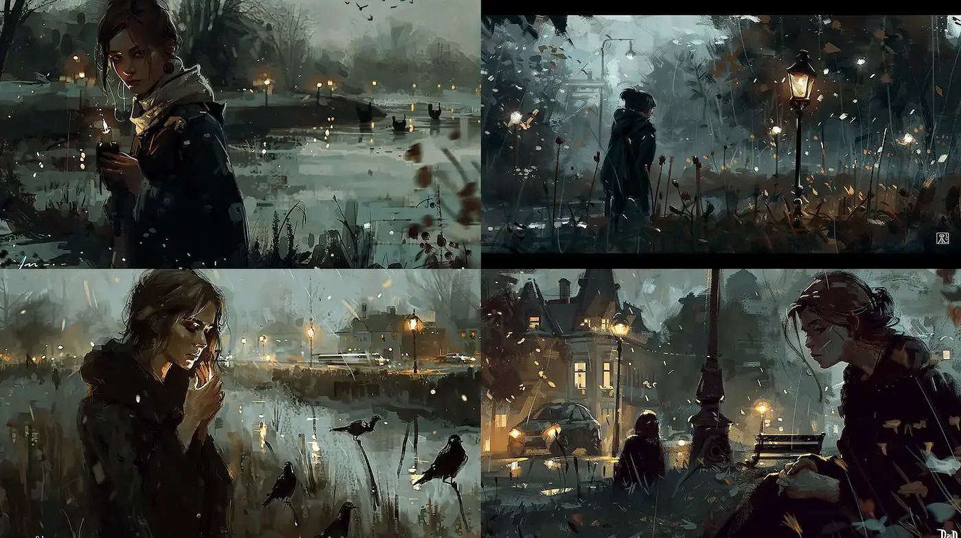 Emotive cinematic urban landscapes with a moody atmosphere - Midjourney sref style