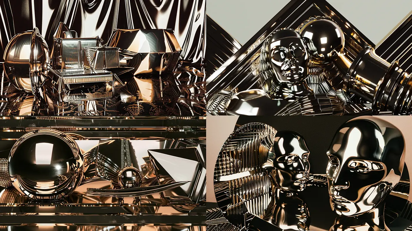 Lustrous Metallic Synthesis: A Homage to Futurism and Modernity - Midjourney sref style