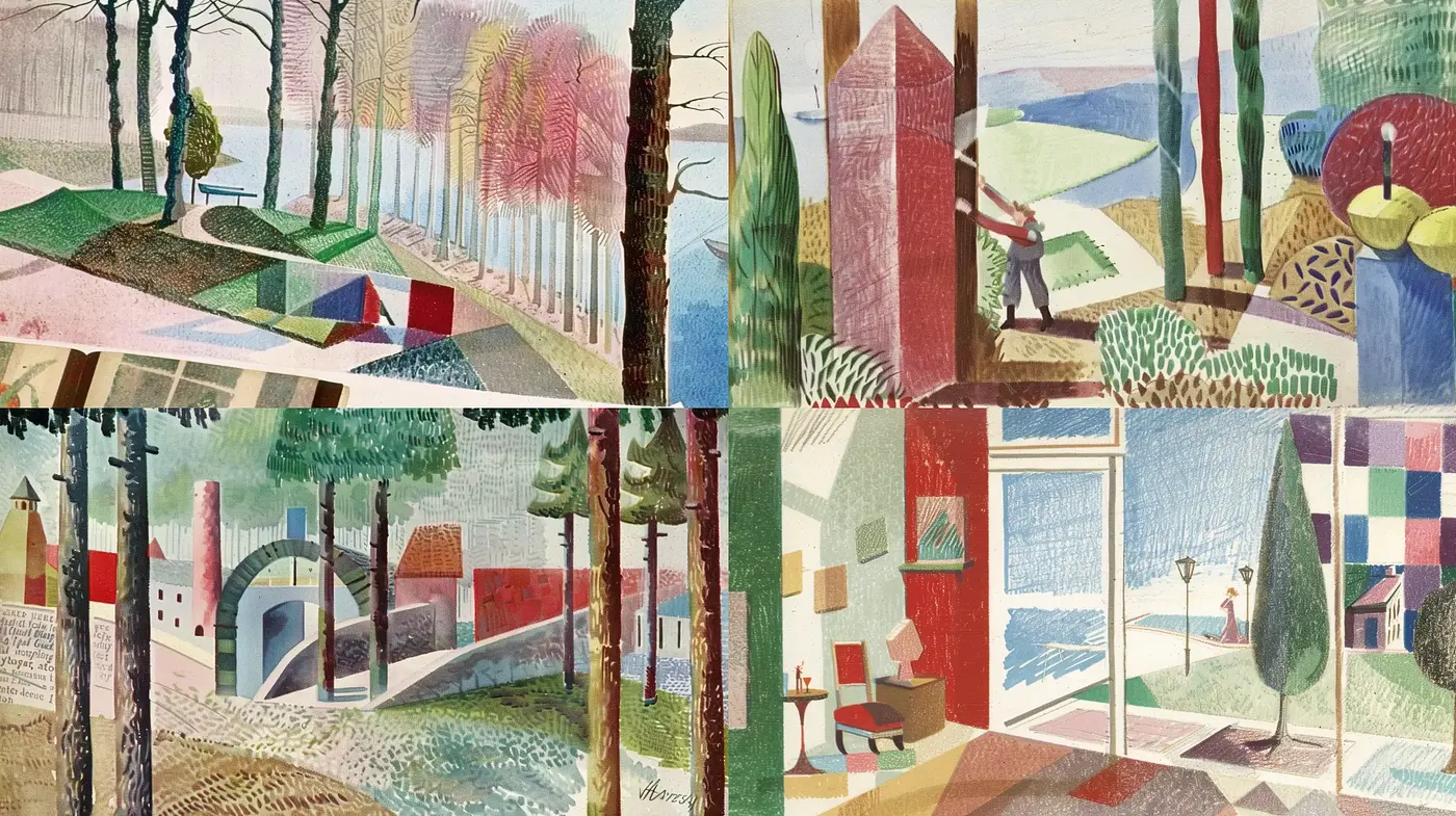 Geometrical Harmony in Pastel Landscapes: A Study of Pattern and Palette Consistency - Midjourney sref style