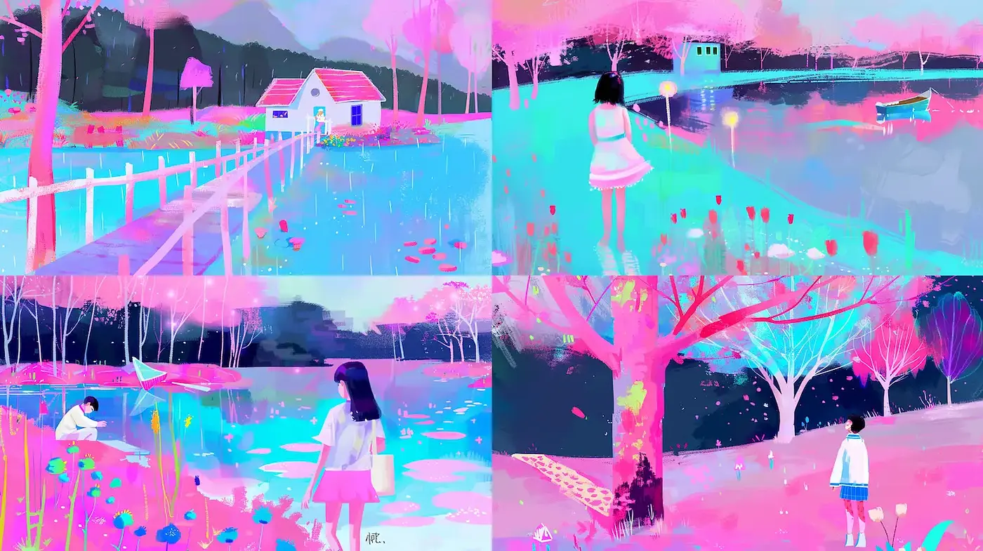 Vibrant, dreamy landscapes infused with a whimsical essence - Midjourney sref style