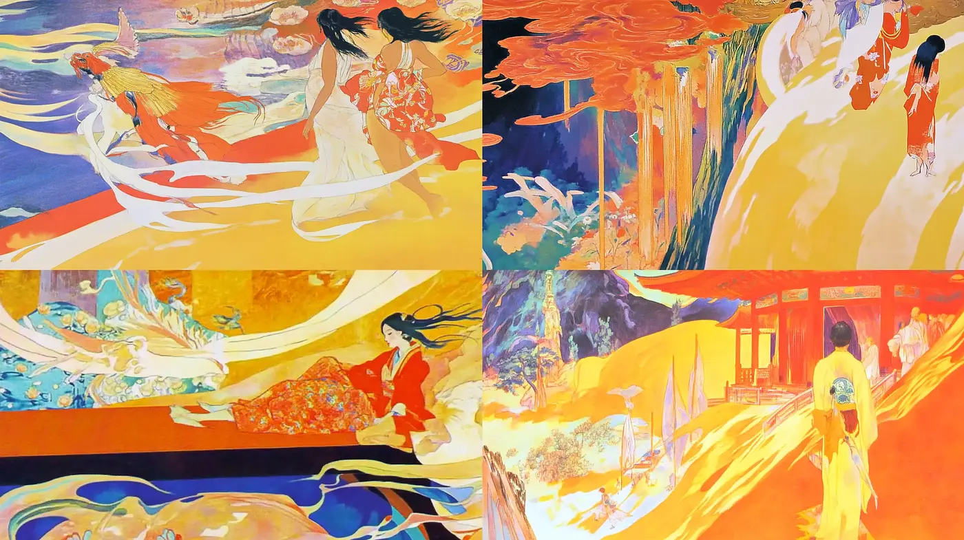 Ethereal Forms in Vivid Tableaus: A Mixture of Ukiyo-e Elegance and Western Art Nouveau - Midjourney sref style