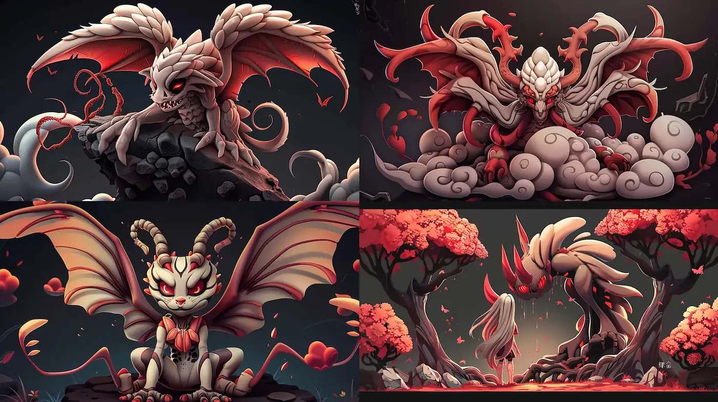 Stylized and Playful Creature Designs with Dark Fantasy Elements - Midjourney sref style