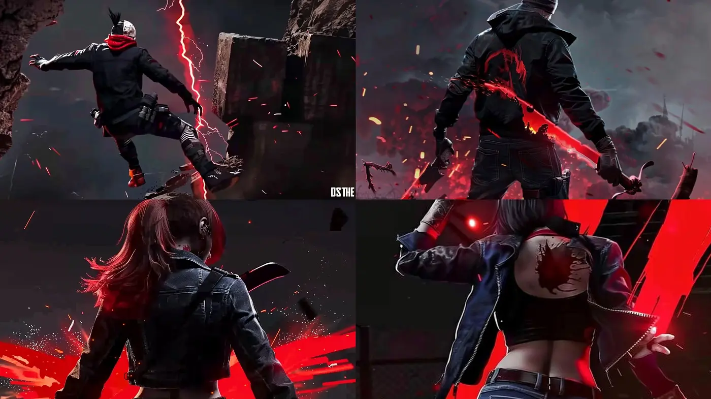 Dynamic Noir with Crimson Accents: A Fusion of Dark Hues and Vibrant Highlights - Midjourney sref style