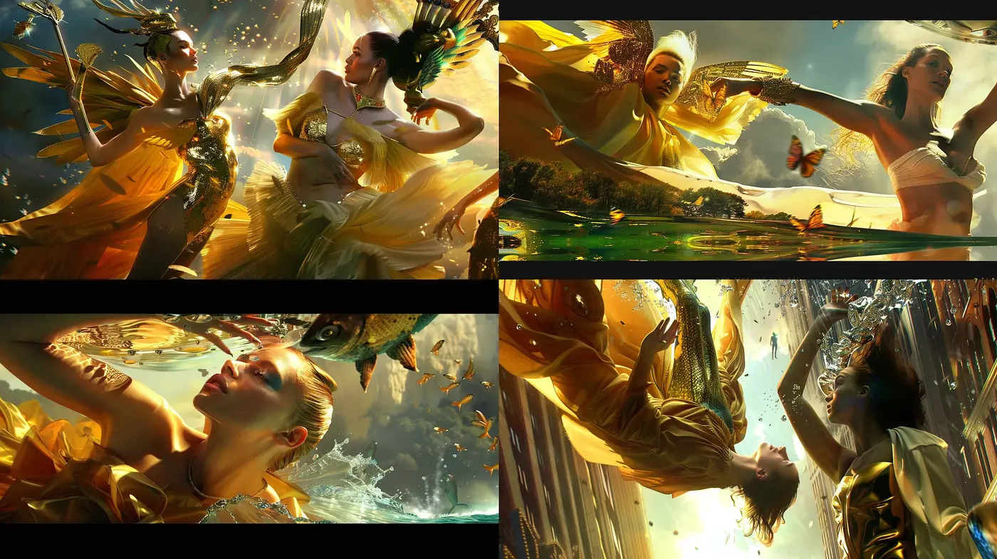 Ethereal Sunshine and Dynamic Figures in Mythical Narration - Midjourney sref style
