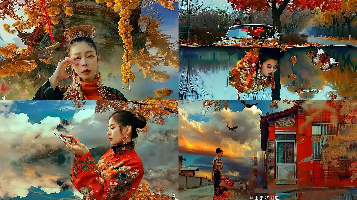 A Fusion of Surrealism and Traditional Aesthetics with Vibrant Natural Elements - Midjourney sref style