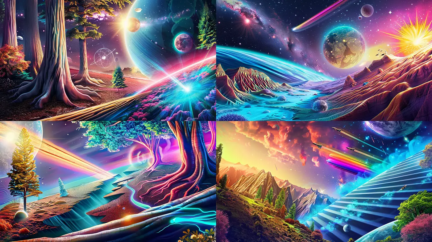 Surreal Cosmic Dreamscape with Vivid Colors and Ethereal Light - Midjourney sref style