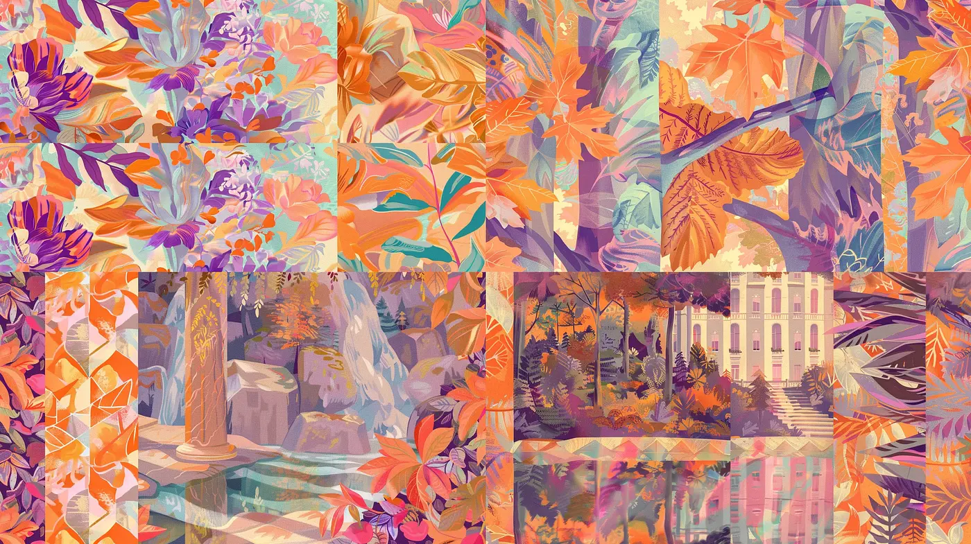 Autumnal Dreamscape: A Mosaic of Warm Hues and Textured Whimsy - Midjourney sref style