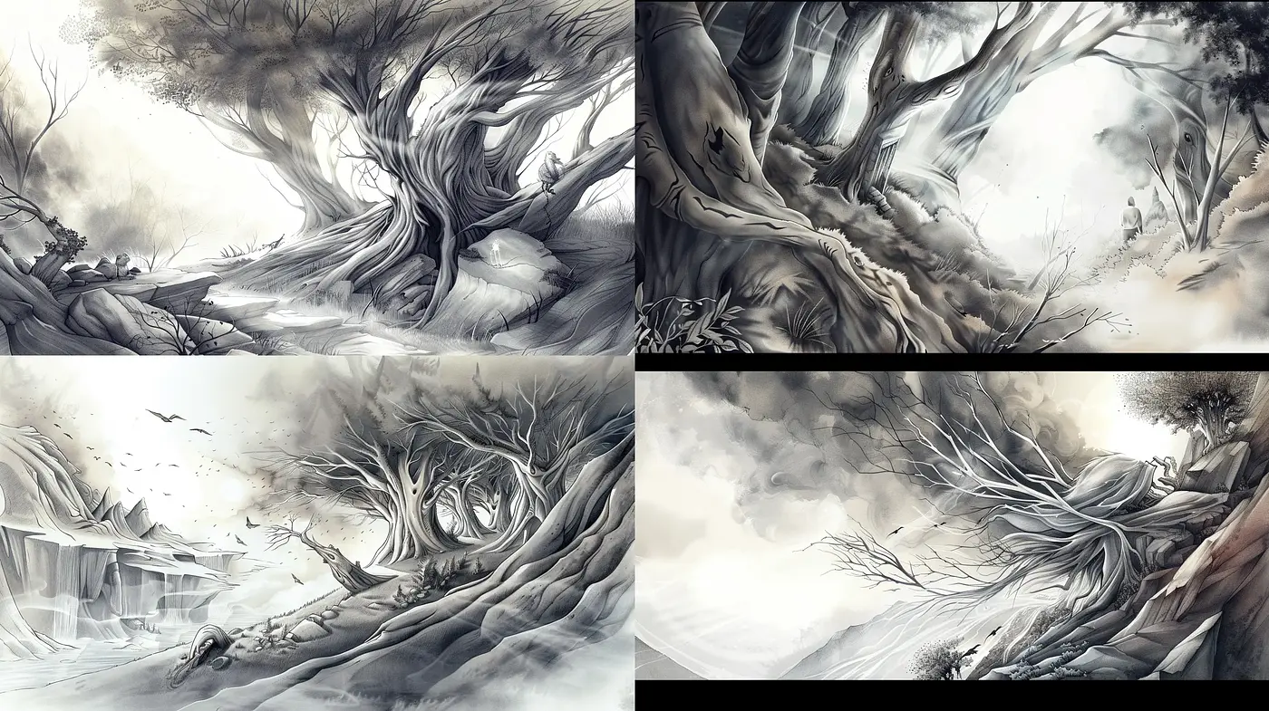 Ethereal Monochrome Dreamscape: A Consistent Vision in Grayscale - Midjourney sref style