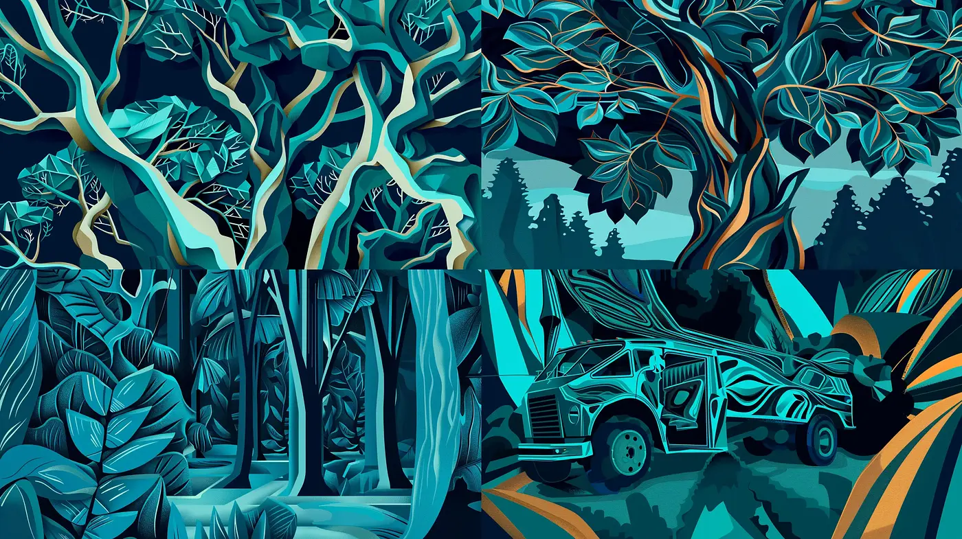 Enigmatic Nocturnal Wilderness: The Dance of Shadows and Hues in Stylized Nature - Midjourney sref style