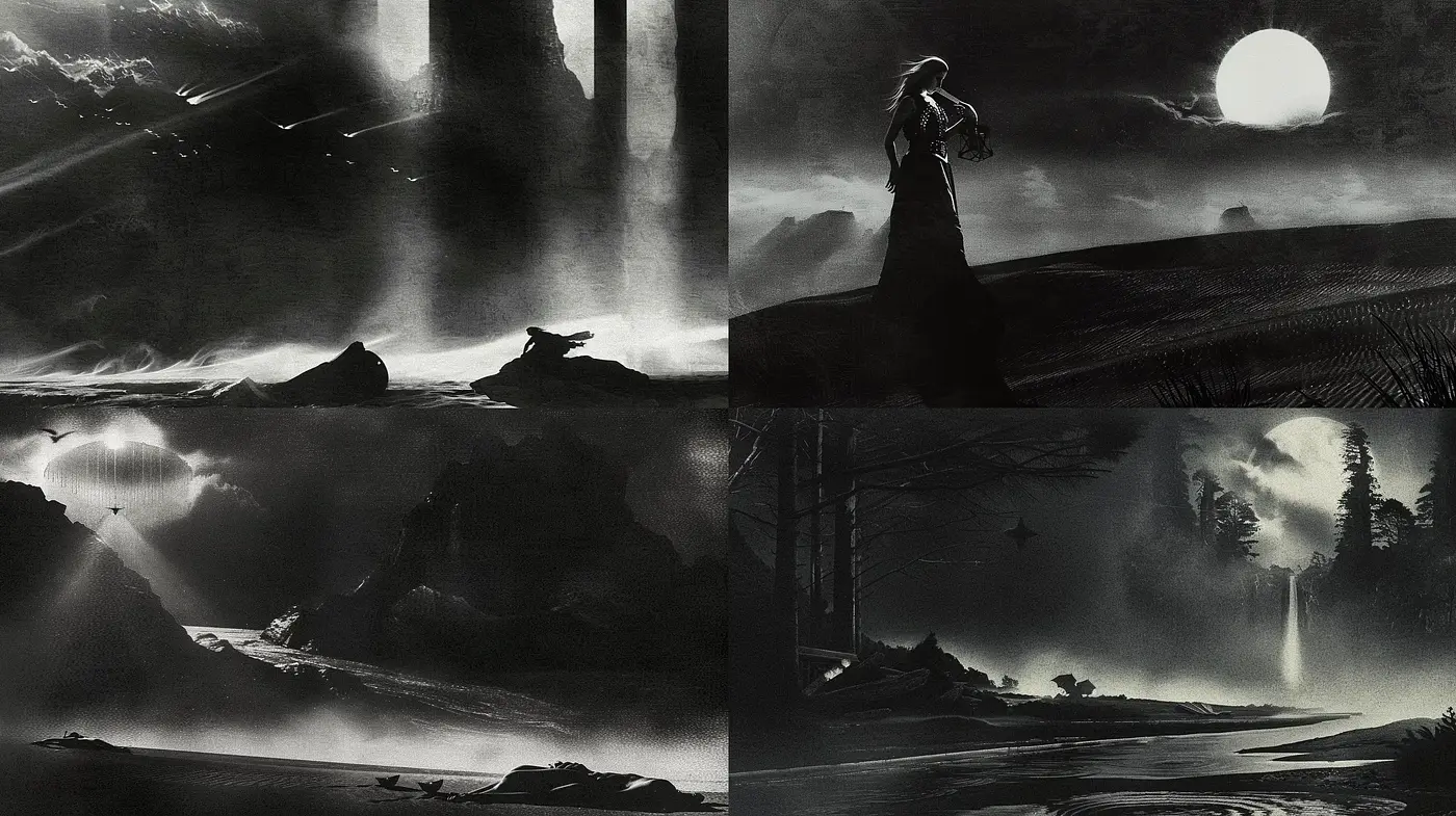 Monochrome Fantasia: A Study in Stark Contrast and Ethereal Ambience - Midjourney sref style