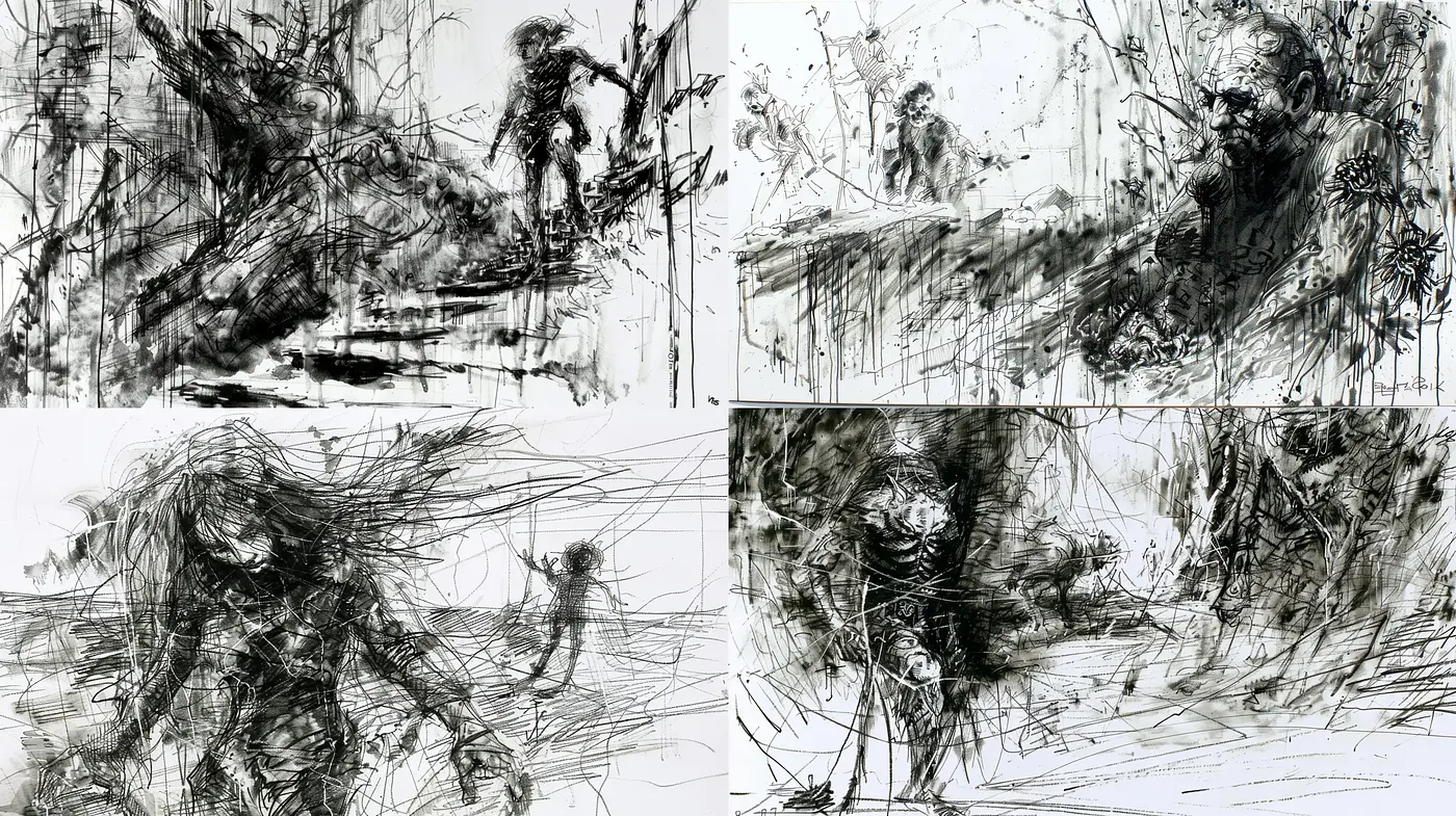 Dynamic Expressionist Ink Sketches - Midjourney sref style