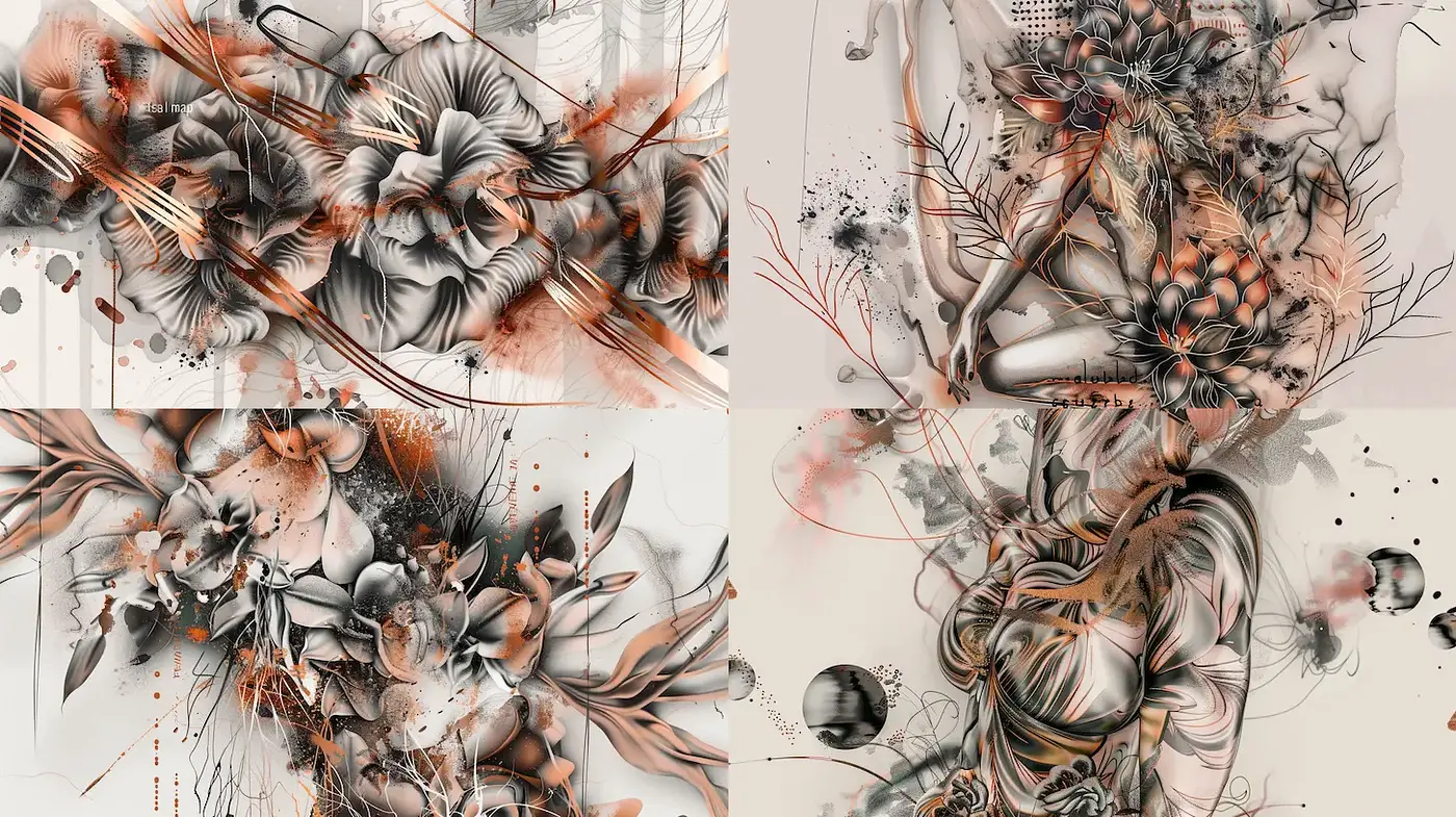 Dynamic Floral Abstraction with Organic Textures and Warm Tones - Midjourney sref style
