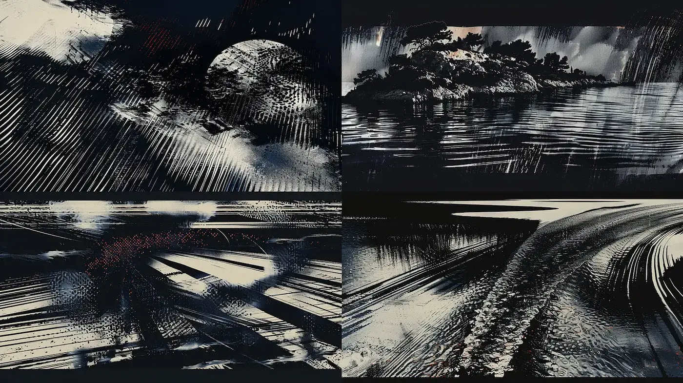 Dynamic and Atmospheric Black and White Landscapes with Abstract Textures - Midjourney sref style